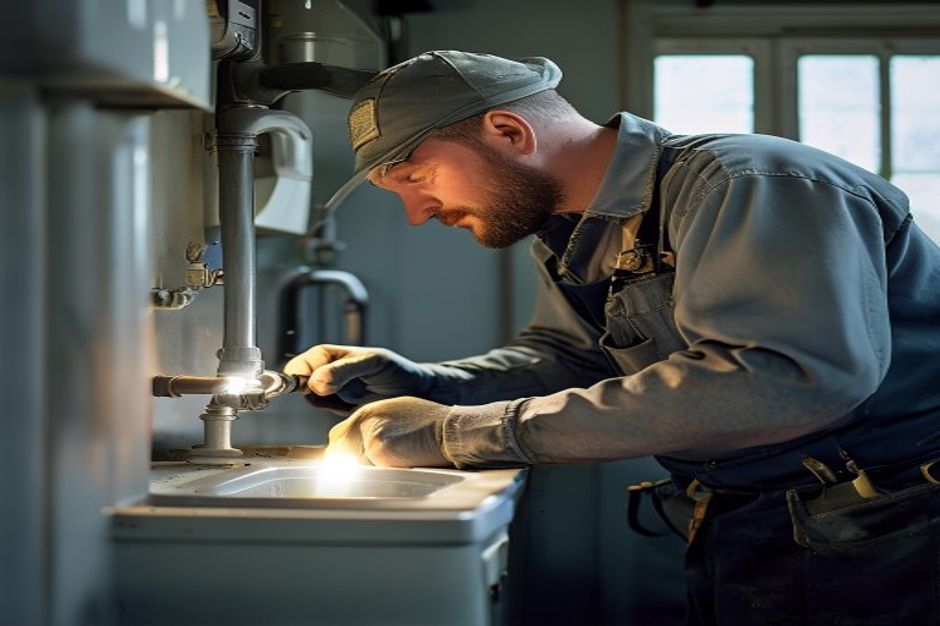 CWZ plumber at work under sink with pipe wrench